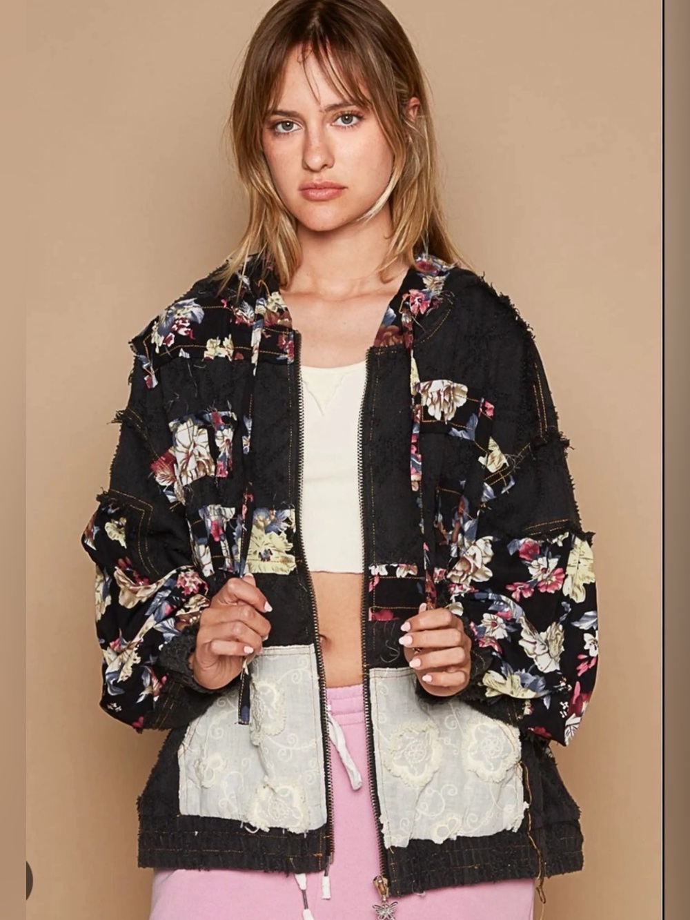 POL Black Floral Patchwork Bomber Jacket size Medium